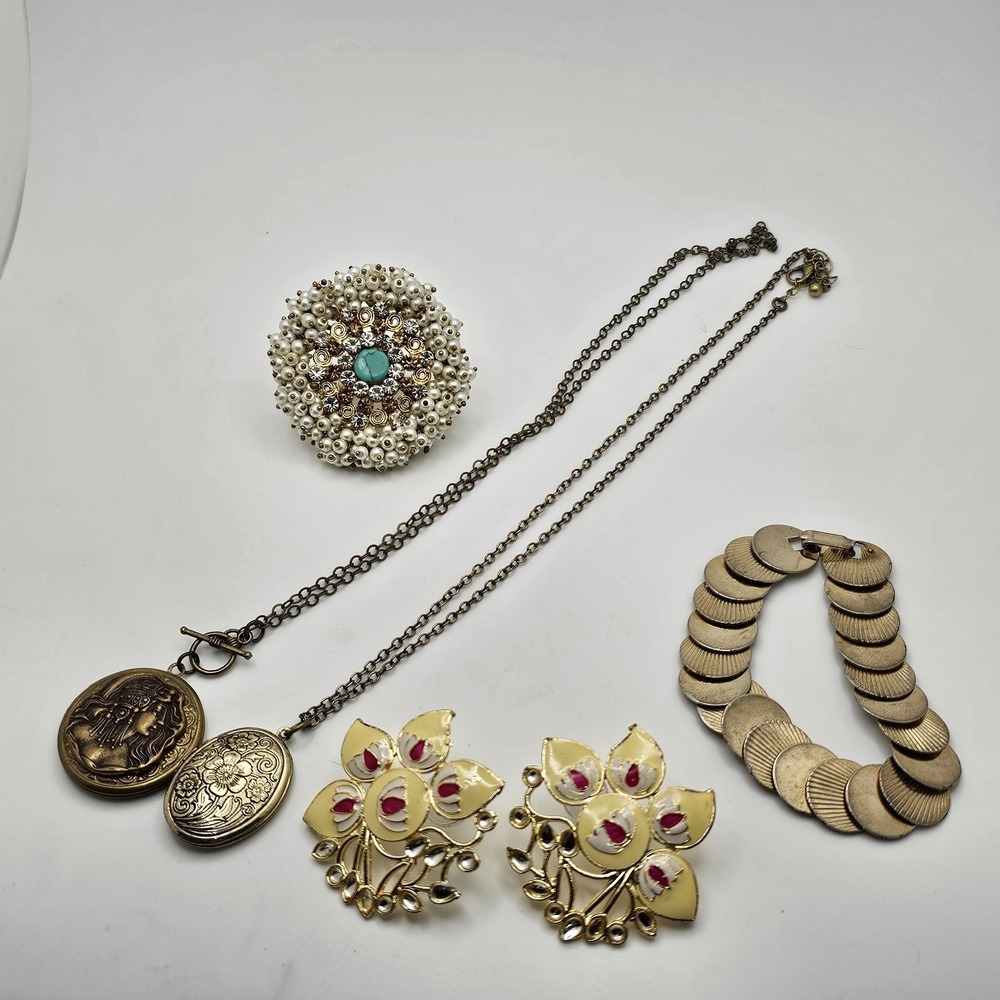Vintage Lot Of 5 Costume Jewelry Lockets Ring Earrings Bracelet